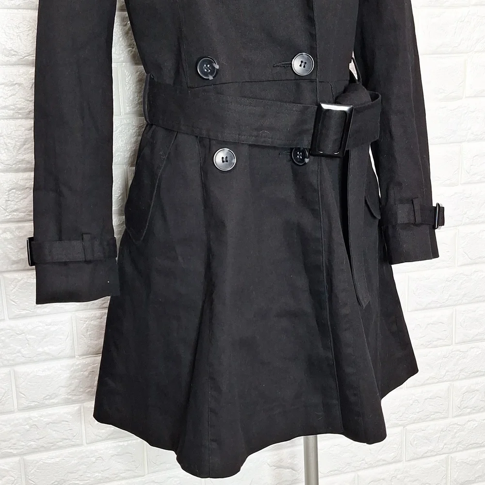 ASOS Black Double Breasted Trench Coat with Matching Belt and Button Back Detail - Picture 4 of 12